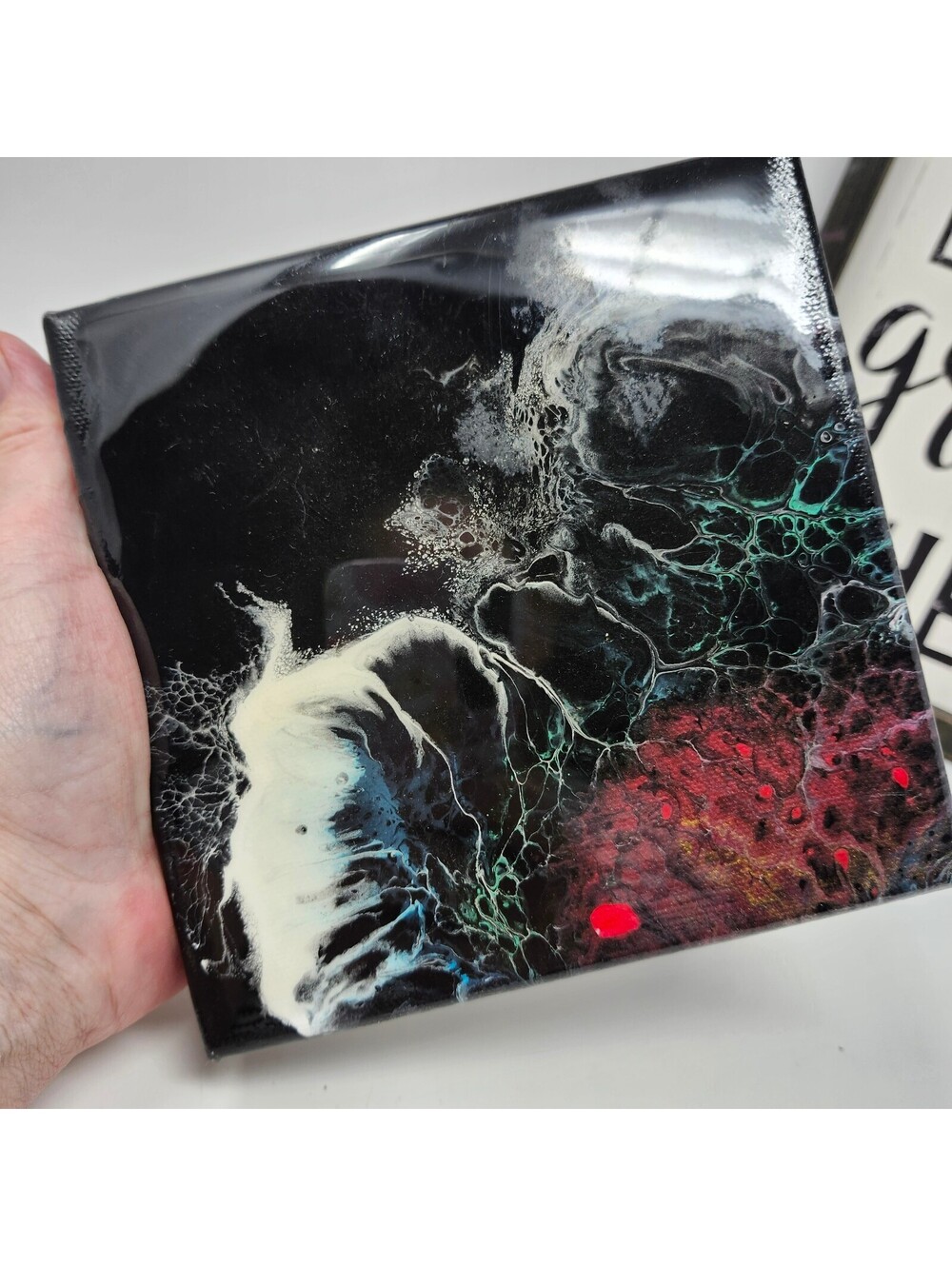 Original Acrylic Pour Fluid Art Painting 6x6 Abstract Black Red White Canvas